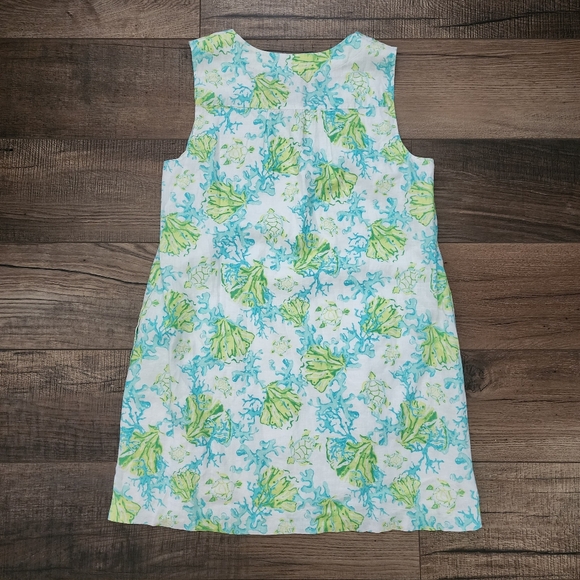 J Jill Love Linen Aqua Green Shift V Neck Dress L Petite Sea Turtle Coral Print - Picture 5 of 8